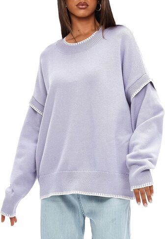 سترة نسائية عادية بأكمام طويلة ورقبة دائرية من Darong موضة خريف 2024 سترة فضفاضة متماسكة بألوان متباينة in Kuwait