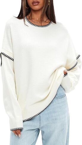 Darong Women's Casual Long Sleeve Crew Neck Pullover Sweater 2024 Fall Knit Loose Contrast Color Sweater Tops in Saudi Arabia