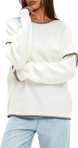 Darong Women's Casual Long Sleeve Crew Neck Pullover Sweater 2024 Fall Knit Loose Contrast Color Sweater Tops in Saudi Arabia