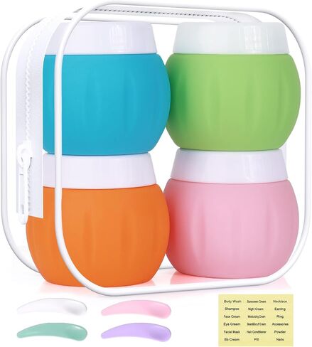 Travel Containers for Toiletries, GLAMFIELDS TSA Approved 1.7oz 50ml Travel Size Silicone Cream Jars BPA Free, Leak-proof Travel Essentials with Lid for Cosmetic Face Hand Body Cream Macaron (4 Pack) in Kuwait