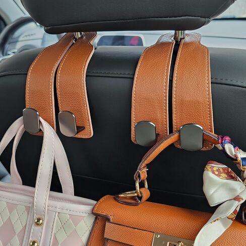 Premium Leather Car Purse Hook (1 Pack), Elegant Car Seat Hooks for Headrest, Car Bag Holder, Car Seat Back Storage Hook, Versatile Headrest Hooks, Stylish Car Hanging Accessories (Brown) in Kuwait