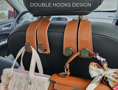 Premium Leather Car Purse Hook (1 Pack), Elegant Car Seat Hooks for Headrest, Car Bag Holder, Car Seat Back Storage Hook, Versatile Headrest Hooks, Stylish Car Hanging Accessories (Brown) in Kuwait