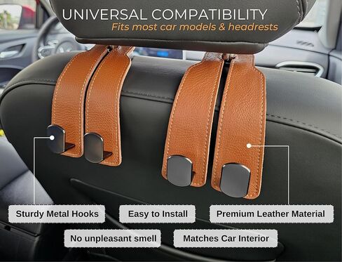 Premium Leather Car Purse Hook (1 Pack), Elegant Car Seat Hooks for Headrest, Car Bag Holder, Car Seat Back Storage Hook, Versatile Headrest Hooks, Stylish Car Hanging Accessories (Brown) in Kuwait