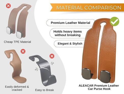 Premium Leather Car Purse Hook (1 Pack), Elegant Car Seat Hooks for Headrest, Car Bag Holder, Car Seat Back Storage Hook, Versatile Headrest Hooks, Stylish Car Hanging Accessories (Brown) in Kuwait