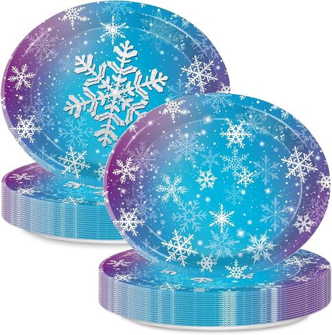 50PCS Christmas Paper Plates, 11" x 9" Large Oval Disposable Snowflake Plates, Winter Party Plates for Christmas Party Decorations, Serves 50 in Saudi Arabia