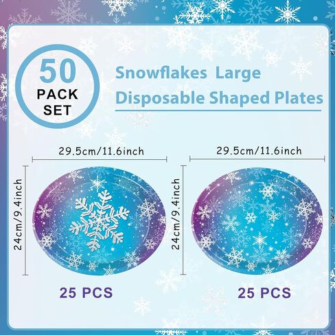 50PCS Christmas Paper Plates, 11" x 9" Large Oval Disposable Snowflake Plates, Winter Party Plates for Christmas Party Decorations, Serves 50 in Saudi Arabia