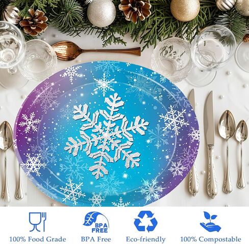 50PCS Christmas Paper Plates, 11" x 9" Large Oval Disposable Snowflake Plates, Winter Party Plates for Christmas Party Decorations, Serves 50 in Saudi Arabia