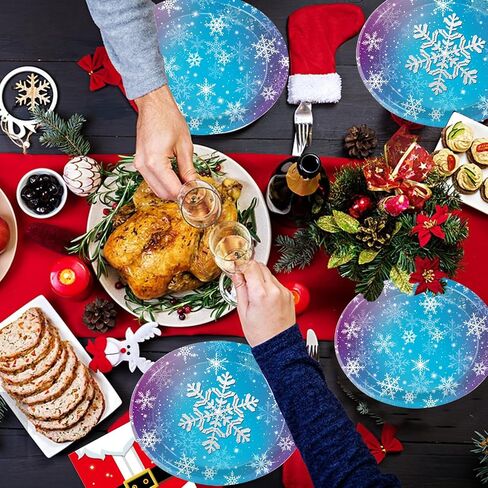 50PCS Christmas Paper Plates, 11" x 9" Large Oval Disposable Snowflake Plates, Winter Party Plates for Christmas Party Decorations, Serves 50 in Saudi Arabia