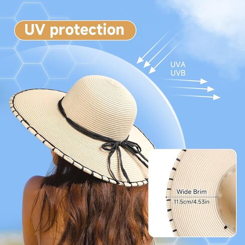 Cierto Sun Straw Hat for Women: Womens Foldable and Packable Beach UV Protection Floppy Hats with Wide Brim and Chin Strap in Saudi Arabia