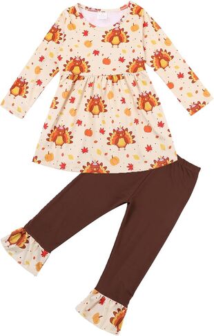 Thanksgiving Toddler Girls Turkey Pumpkin Outfits Set Ruffle T-Shirt Dress and Pants Outfit Set 3-8Years in Saudi Arabia