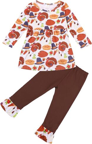 Thanksgiving Toddler Girls Turkey Pumpkin Outfits Set Ruffle T-Shirt Dress and Pants Outfit Set 3-8Years in Saudi Arabia