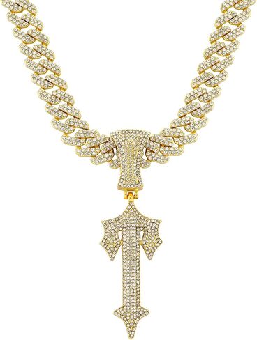 LuxeFlex Hip Hop Cross Sword Necklaces with 12MM 20" Miami Cuban Link Chain, Iced Out Diamond Initial T Pendant Necklace, Alphabet Letter Pendant Choker, Trendy Rapper Jewelry for Men Women in Saudi Arabia