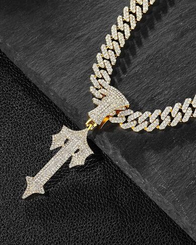LuxeFlex Hip Hop Cross Sword Necklaces with 12MM 20" Miami Cuban Link Chain, Iced Out Diamond Initial T Pendant Necklace, Alphabet Letter Pendant Choker, Trendy Rapper Jewelry for Men Women in Saudi Arabia