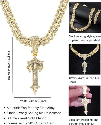 LuxeFlex Hip Hop Cross Sword Necklaces with 12MM 20" Miami Cuban Link Chain, Iced Out Diamond Initial T Pendant Necklace, Alphabet Letter Pendant Choker, Trendy Rapper Jewelry for Men Women in Saudi Arabia