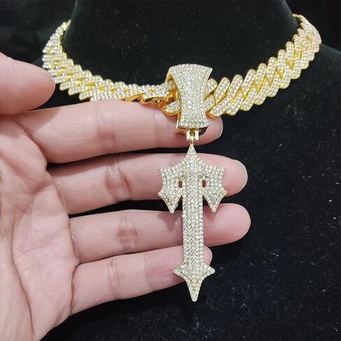 LuxeFlex Hip Hop Cross Sword Necklaces with 12MM 20" Miami Cuban Link Chain, Iced Out Diamond Initial T Pendant Necklace, Alphabet Letter Pendant Choker, Trendy Rapper Jewelry for Men Women in Saudi Arabia