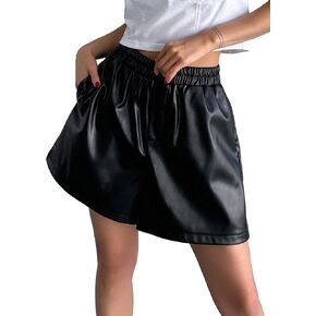 MakeMeChic Women's Faux PU Leather Shorts Elastic High Waisted Wide Leg Shorts with Pocket