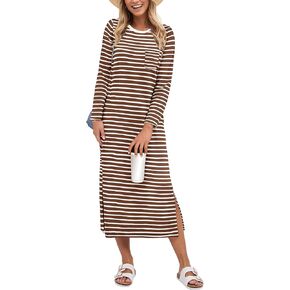 ANRABESS Women 3/4 Long Sleeve Crewneck Striped Casual Slit T Shirt Midi Dresses with Pockets 2024 Fall Fashion