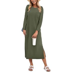 ANRABESS Women 3/4 Long Sleeve Crewneck Striped Casual Slit T Shirt Midi Dresses with Pockets 2024 Fall Fashion