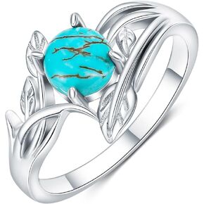 Womens Natural Turquoise Rings 925 Sterling Silver Genuine Green Round Stone Leaf Ring Jewelry for Mom Wife