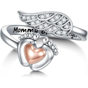 Miscarriage Gift for Mother 925 Sterling Silver Angel Rings Mommy of An Angel Memorial Sympathy Jewelry for Women Baby’s Footprints wing Rings