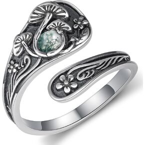 Mushroom Spoon Rings for Women 925 Sterling Silver Moss Agate Mushroom Ring Vintage Thumb Ring Jewelry for Women Men