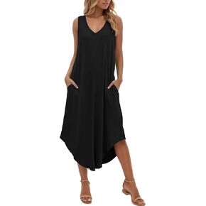 Women's Summer Dresses Casual Sleeveless Maxi Dresses V Neck Loose Sundress Long Dress with Pockets