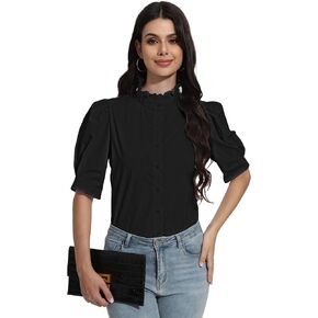 Womens 2024 Summer Top Ruffle Stand Collar Button-Down Shirt Puff Sleeves Blouse