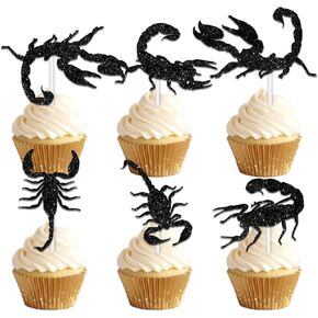 18pcs Black Silhouette Glitter Scorpion Dessert Cupcake Topper Pick for Animal Insect Theme Decor Supplies Baby Shower Boys Girls Happy Birthday Party Decoration