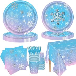 126 Pcs Frozen Birthday Party Supplies Disposable Winter Snowflake Paper Plates Napkins Cups Forks Tablecloth for Christmas Winter Wonderland Frozen Birthday Party Decorations Serves 25