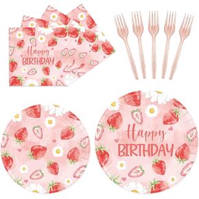 96PCS Strawberry Plates and Napkins, Disposable Strawberry Paper Plates Summer Fruit Tableware Set for Strawberry Party Decorations Birthday Party Supplies, Serves 24 (Strawberry)