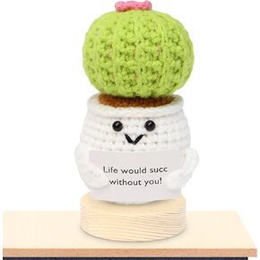 Positive Cactus Mini Funny Knitted Wool Toy with Positive Card Birthday Gifts for Women Men Mom Dad Friend Gifts for Anniversary Mothers Day Support Crochet Doll Room Decors (Cactus)