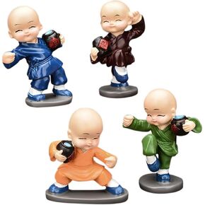 Amosfun 4pcs Kung Fu Monk Statue Adorable Wise Little Monk Sculpture Zen Ornaments Home Office Garden Patio Decoration