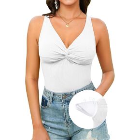 V FOR CITY Ribbed Tank Top for Women with Built-in Bra Adjustable Straps Camisole V Neck Cami Tops