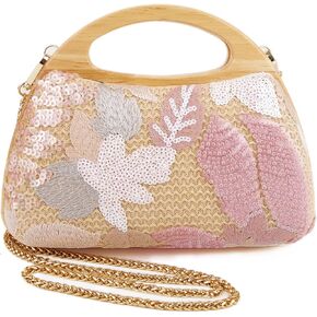 Women Straw Sequin Embroidered Flower Evening Handbag Clutch Purse Wooden Handle for Beach Holiday Party