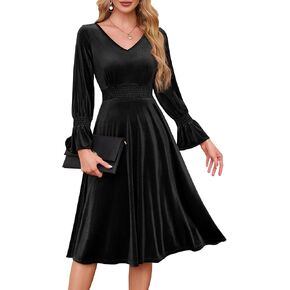 Meetjen Women's Velvet Midi Dress V Neck Long Sleeve Elastic Waist Smocked Dress Elegant Cocktail Party Dresses 2024