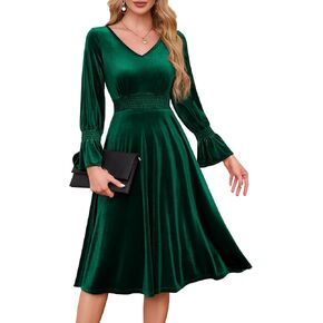 Meetjen Women's Velvet Midi Dress V Neck Long Sleeve Elastic Waist Smocked Dress Elegant Cocktail Party Dresses 2024 in Kuwait