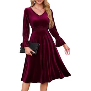 Meetjen Women's Velvet Midi Dress V Neck Long Sleeve Elastic Waist Smocked Dress Elegant Cocktail Party Dresses 2024
