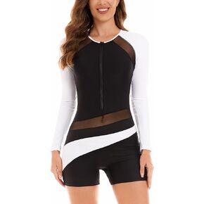 NESY Womens Rash Guard Swimsuit Boyleg Long Sleeve One Piece Bathing Suit UPF 50 Zipper Surfing Wetsuit Athletic Swimwear