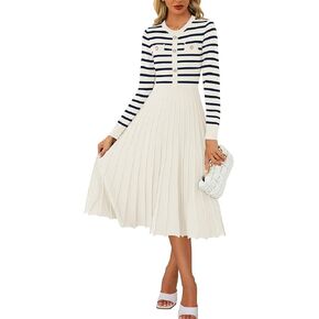 فستان نسائي كاجوال طويل الأكمام مخطط متوسط ​​الطول بياقة دائرية وأزرار متأرجحة ومتماسك على شكل حرف A in Kuwait