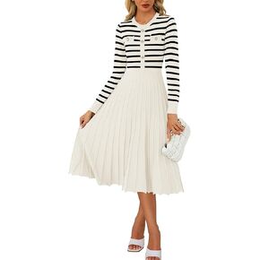 Women's Casual Long Sleeve Striped Midi Dress Crewneck Button Swing Pleated Knit A Line Dresses