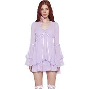 Dolls Kill Real Divinity Mini Dress by Sugar Thrillz - Heavenly Chiffon Dress with Tiered Bell Sleeves and Ruffled Trim