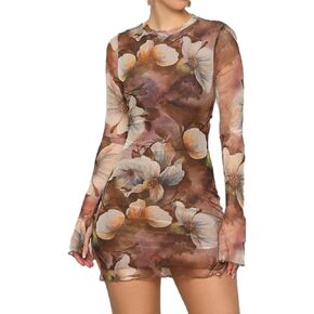 Fastkoala Women’s Floral Tie Dye Sheer Mesh Mini Dress Mock Neck Split Bodycon Flared Long Sleeve Club Party Dress