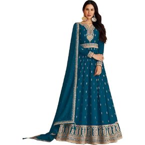 Womens Party Wear Georgette Embroidered Anarkali Gown and Pant with Dupatta