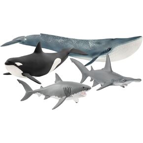 Schleich Ocean Animals Toy 4-Piece Sea Animals Toys Set Including Blue Whale, Killer Whale and 2 Shark Toys for Toddlers and Kids Ages 3+