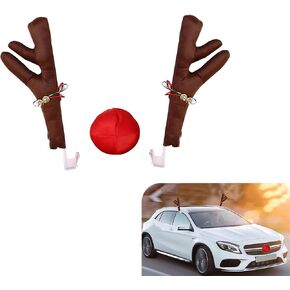 3 PCS Car Christmas Body Decoration Pendant Kit, 4.72" x 17.72" Roof Elk Antlers with Ribbon Bells + 5.91" Grille Nose Christmas Ornaments, Holiday Atmosphere Accessories (Brown)