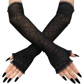Latious Fingerless Spider Web Gloves Black Lace Sheer Gloves Halloween Costume Arm Warmer for Women