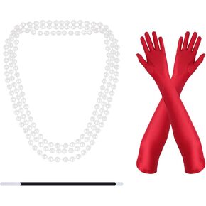 3 Pcs Halloween Red Long Gloves Accessorie Red Opera Gloves Pearl Necklace and Holder for Woman 1920s Evening Party