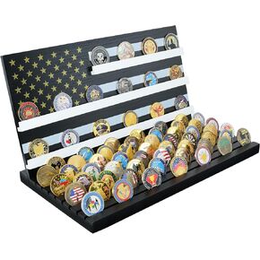 Challenge Coin Holder Display Stand, 11 Rows Wooden Military Coin Rack Holds 106 Coins, Army Coin Collections Case for Table Top Display, Black