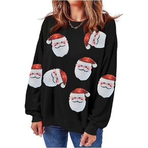 Ecosunny بلوزات عيد الميلاد النسائية الترتر سانتا الجرافيك قميص Csausl Crewneck كم طويل عطلة البلوز القمم