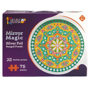 Kulture Khazana: Mirror Magic - 75pc Floor Puzzle, Silver Foil Rangoli, 32" Round Jigsaw, Indian Art, Diwali-Holi-Festivals Decoration, Kids Ages 4+